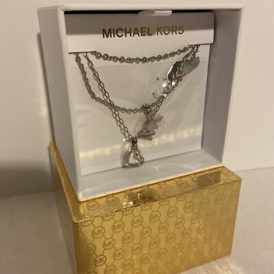 MICHAEL KORS silver toned metal 18'' chain necklace pendant MK charm NWT $125