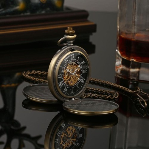 Pocket Watch Double Hunter Smooth Hand Wind Roman Numerals Mechanical Chain - Picture 14 of 29