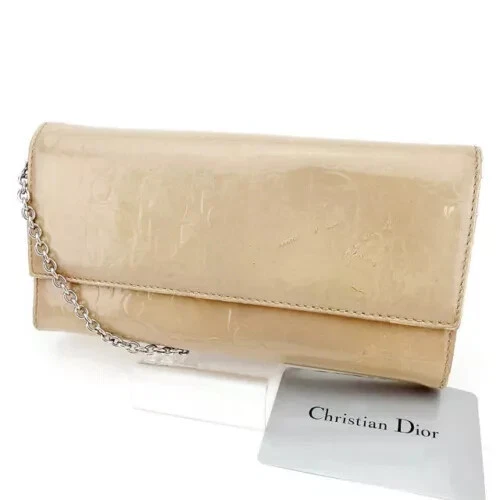 Christian Dior Cuir verni Trotter Long Portefeuille Logo 2 Voies Chaîne Beige Femme