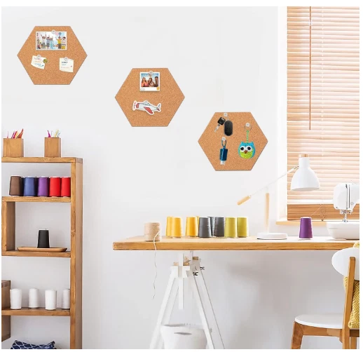 3-Pack Self-Adhesive Hexagonal Cork Wall Bulliton Board Tiles with 50 Push-Pins - Image 3 of 4