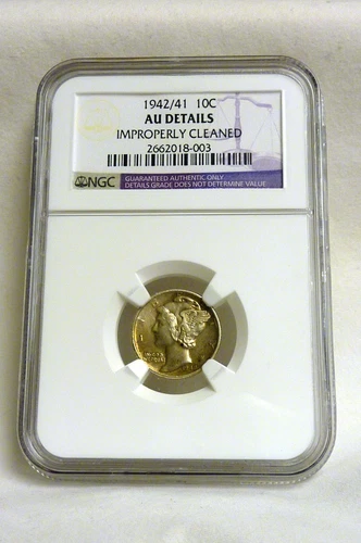 Rare 1942/41 Mercury Dime NGC AU Details Improperly Cleaned I-366