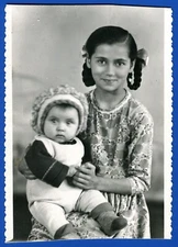 Beautiful Girl with Pigtails holding a Baby, Kid Child Soviet Vintage Photo