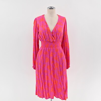 #ad DRAPER JAMES Dress Size S Pink Orange Floral Smocked V Neck Balloon Long Sleeve $10.90