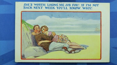 Freche Comic Postkarte 1928 Seidenstrümpfe Strand SIE IST ES WERT, MICH ZU VERLIEREN JOB FÜR