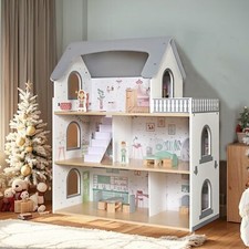 Casa de juegos de ensueño de madera para niñas con balcón, casa de muñecas para niños con muebles...