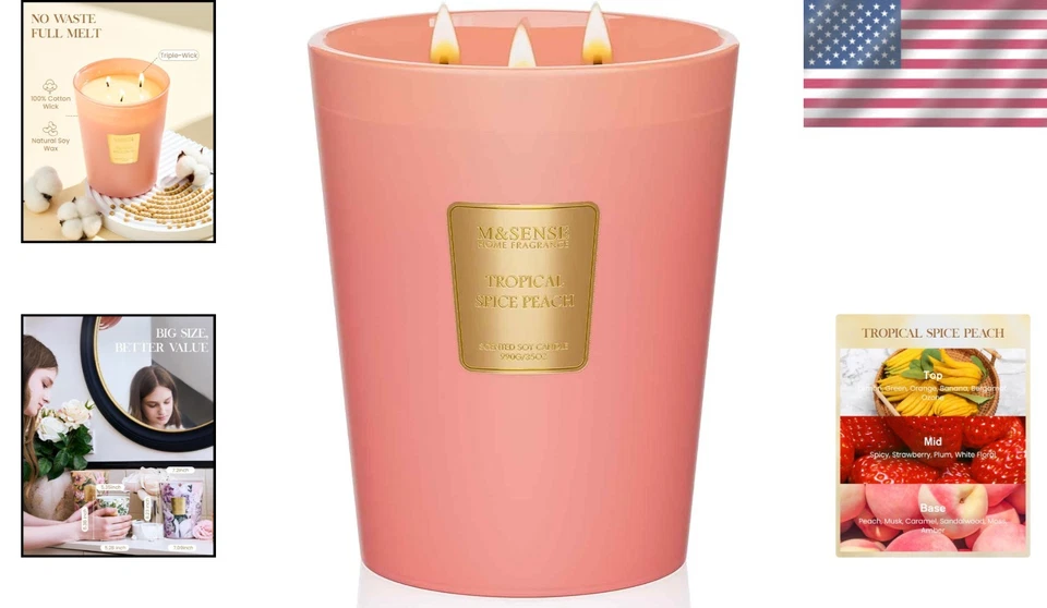 Chic 3-Wick Tropical Spice Peach Candle – 150 Hour Burn Time, Perfect Gift Idea - Image 2 of 4