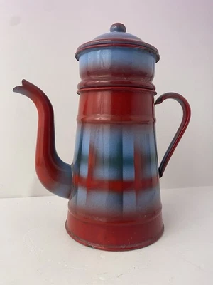 ANCIENNE CAFETIERE TOLE EMAILLE BLEU VINTAGE - Photo 1/4