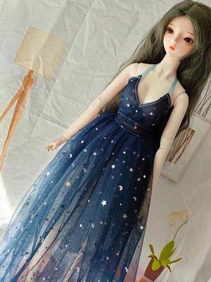 1/6 1/4 1/3 Dark Blue Starlit Sky Halter Dress Long Skirt Fit BJD Doll Clothes