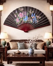Vintage Chinese Wall Fan 75in Black Hand Painted Landscape, Birds, Plum Blossoms