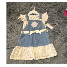 Little Lass Girls Denim Overall Dress Floral Bow Ruffle size 4 girls knee length