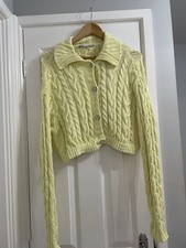 ZARA Yellow Cable Knit Cardigan - Jewel Rhinestone Buttons - Size S UK 8-10