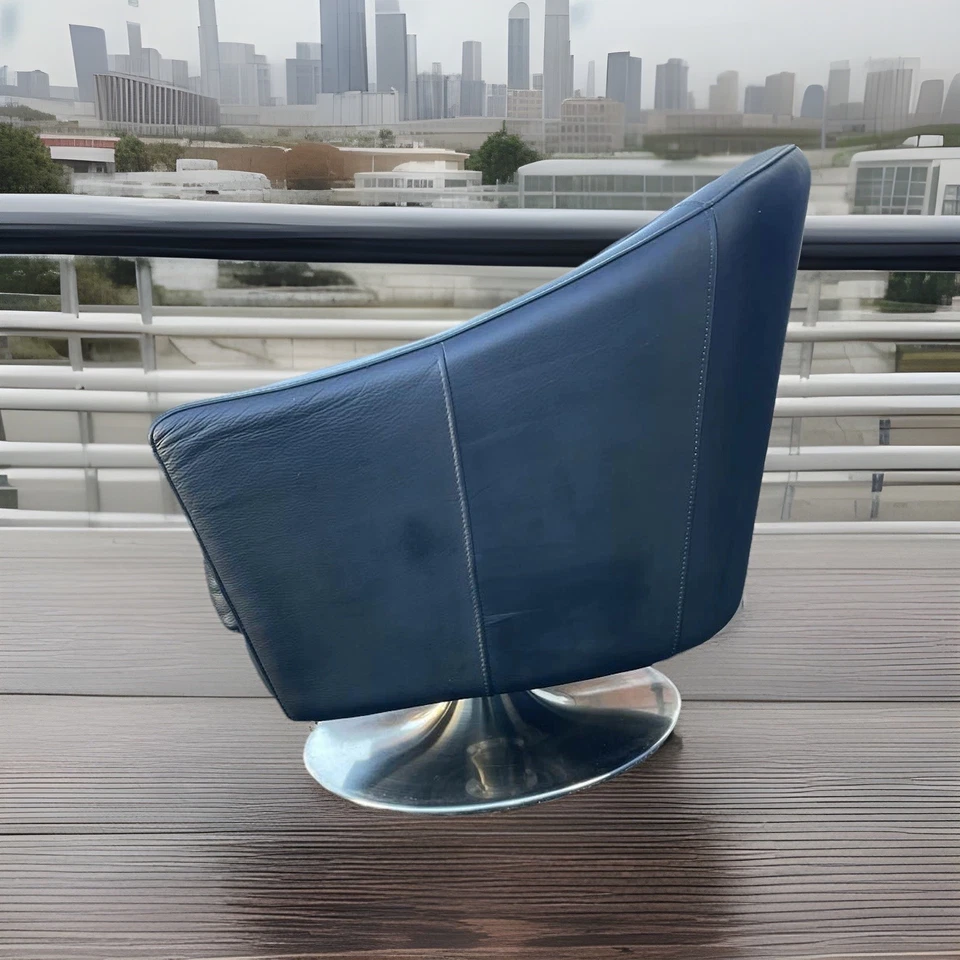 Black Leather Swivel Armchair Lounge Chair Chrome Base - Image 2 of 4