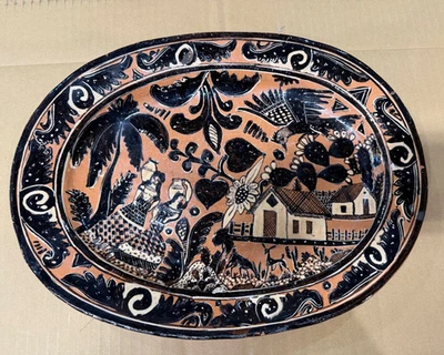 Vintage Mexican Tlaquepaque pottery platter signed BALBINO LUCANO 14 3/4" x 11" - Image 1 of 4