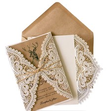 50Pcs Vintage Lace Wedding Invitations Rustic Wedding Invites with Kraft Pape...