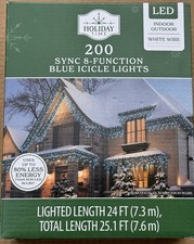 New  200-Count LED 8 Function-Sync Icicle Christmas Lights, BLUE, 24'