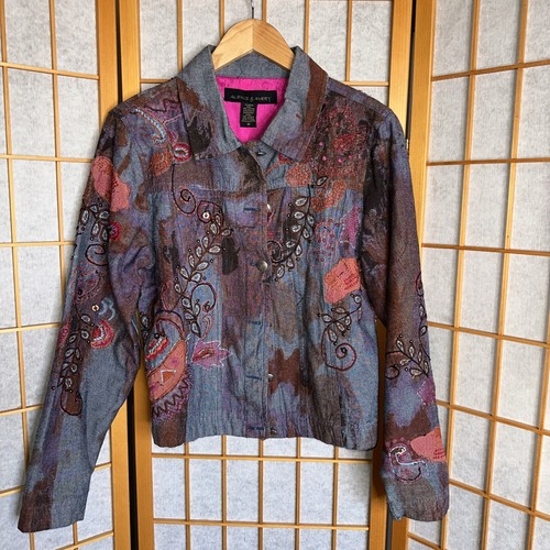Alexis & Avery Women's Jean Jacket Blue Purple Mix Abstract Embroidered Size M L