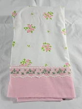 Vtg Lady Pepperell Full Flat Sheet Pink Flowers Appliques on Hem Grandma Core