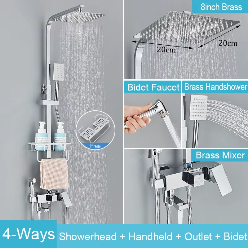 Black Brass Shower Faucet Set Rainfall Bathtub Tap with Bathroom Shelf 4 Functio