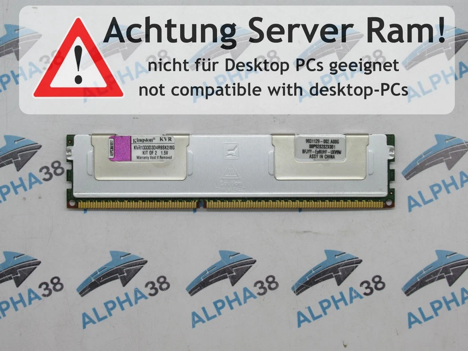 Kingston 4 Go DDR3 PC3L-10600R (DDR3-1333) KVR1333D3D4R9SK2/8G CL9 15 V Serveur - Photo 1/1