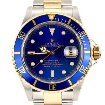 Rolex Submariner Blue Sub 18k Yellow Gold Stainless Steel Watch No Holes 16613T