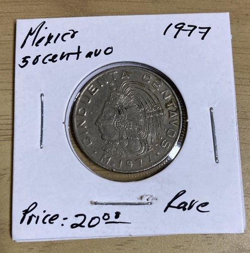 Very Rare 1977 Mexico 50 Centavos Cuauhtemoc Aztec Warrior KM-452 Look Bid Buy