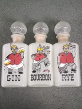 Vintage Gay Fad Frosted Liquor Decanter Set of 3 Rye Gin Burbon Glass 50s Bar