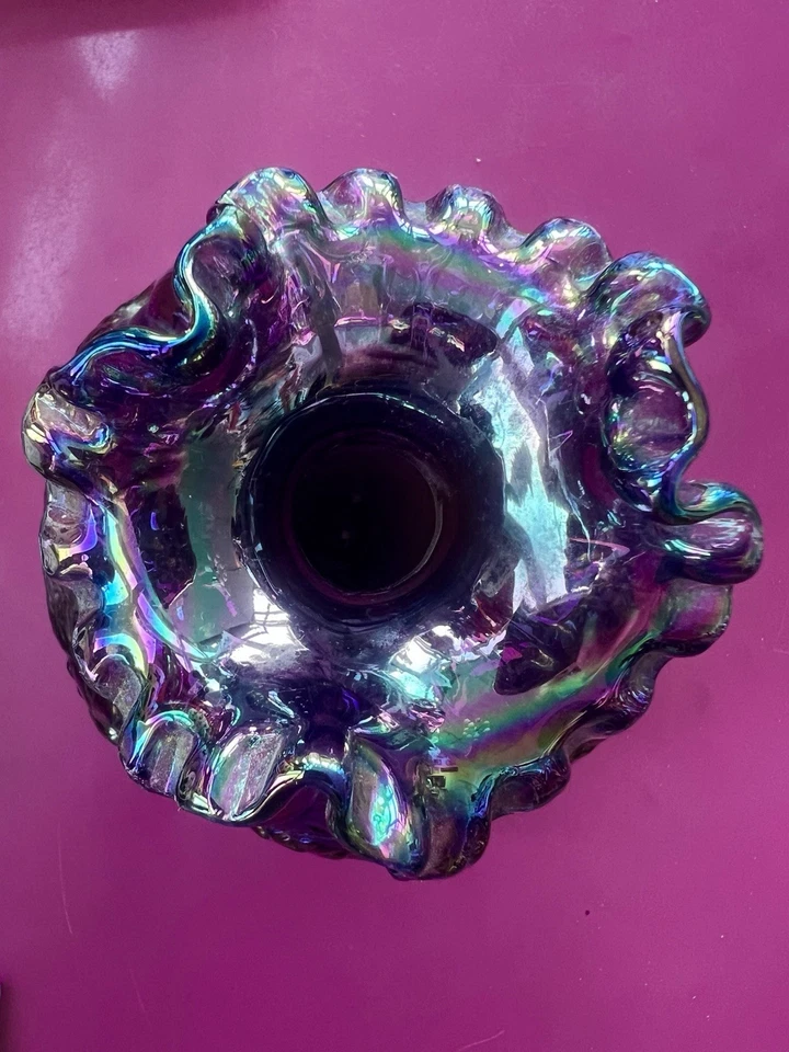 Fenton Amythyst Carnival Glass Swan Cattail Lily Pad Vase Purple Iridescent - Image 4 of 4