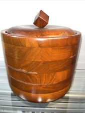 Vintage MCM 1960&rsquo;s Walnut Wooden Ice Bucket W/ Glass Insert