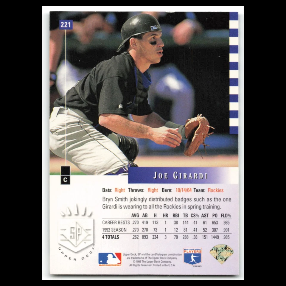 Joe Girardi #221 1993 SP Colorado Rockies Baseball Card MLB NM - Image 2 of 3