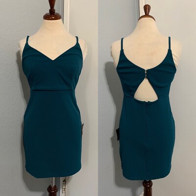 Lulus Dear Desires Teal Blue Bodycon V-Neck Mini Spaghetti Straps Dress Size M