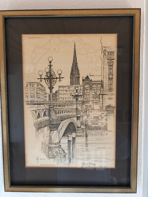 Lithographischer Druck Hamburg an der Heiligengeistbrücke 582/800 H.U.Hirschberg