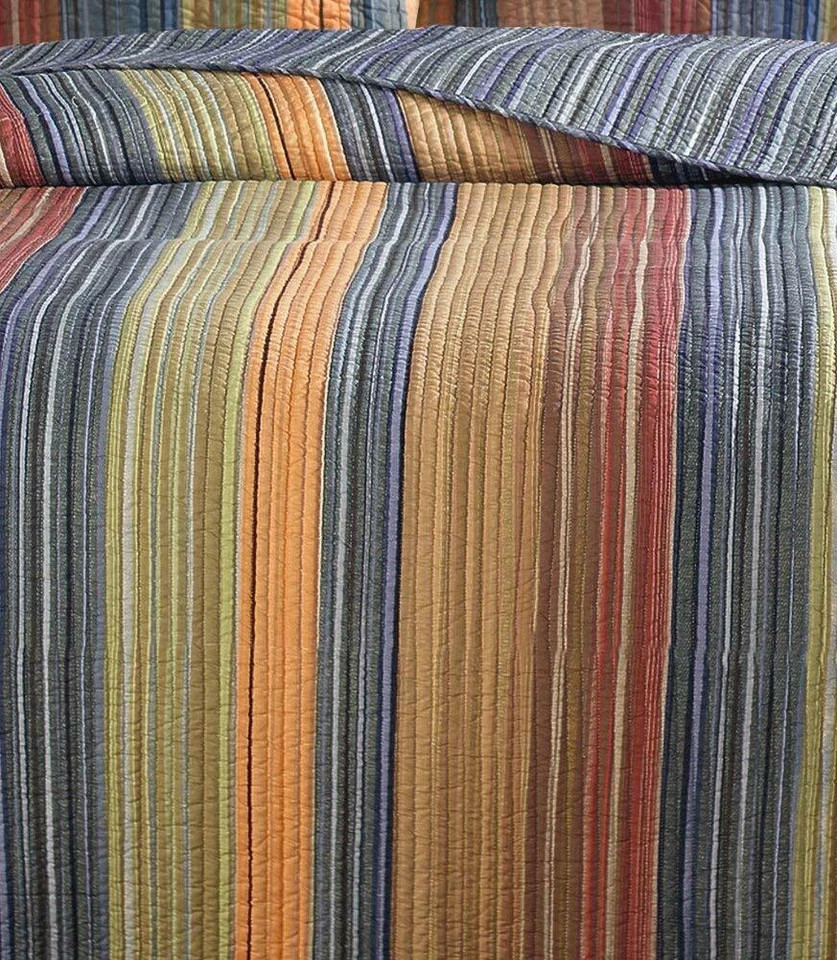 BEAUTIFUL MODERN STRIPE BLUE GREEN BROWN GREY ORANGE RUST RED CABIN QUILT SET - Image 4 of 4