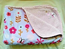 Kidsline Pink Velour Baby Blanket Sherpa Back Flowers Leaves Butterflies 30 x 40