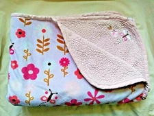 Kidsline Pink Velour Baby Blanket Sherpa Back Flowers Leaves Butterflies 30 x 40