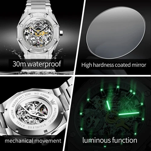 OLEVS Automatic Mechanical Waterproof Luxury Watch Men Skeleton Men's Strap - Picture 2 of 28