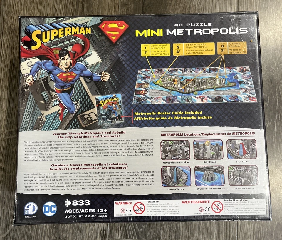 Superman 4D Puzzle Mini Metropolis 30in x 16in x 2.5in 833 Pieces - New Sealed - Image 3 of 3