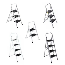 2/3/4 Step Ladder White/Grey Folding Steel Step Stool with Wide Anti-Slip Pedal 