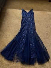 V-Neck Fishtail Hem Sequin Mesh Royal Navy Blue Dress