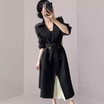 Damen Mantel Jacke Verdeck Elegant Lang Schwarz Gürtel Bademantel 44666
