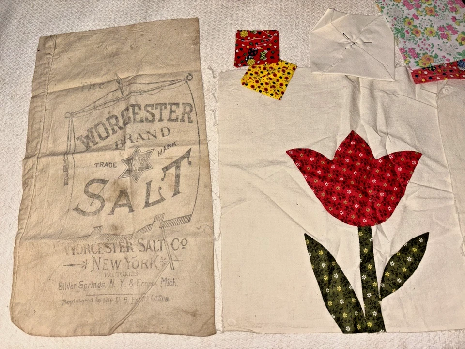 Antique Handmade Quilt Top Pieces & Material (Tulip, Star & Flower, Etc...) - Image 2 of 4