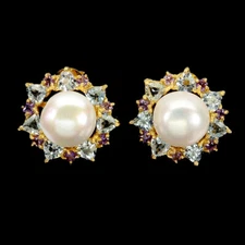 925 Sterling Silver Earrings Trilliant Topaz 4mm Pearl Natural Gemstone Jewelry