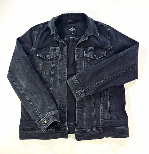 Hollister Denim Jacket Mens XL Black Acid Wash Distressed Trucker Grunge Y2K - product listing photo