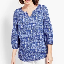 Talbots 100% Linen Lantern-Sleeve Popover Floral Blouse Tunic Medium Coastal