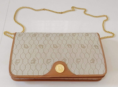 Christian Dior Logo Monogram Small Flap Chain Shoulder Bag Beige Brown Vintage