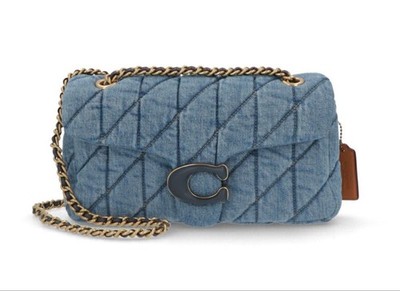 COACH Tabby Shoulder Bag Quilted Denim Leather Chain Strap 2-Way Blue 14x26x8cm