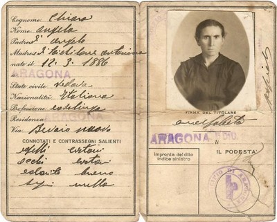Carta D'identita Angela Chiara Aragona Sicily Regno D'Italia with Photograph