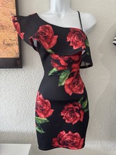Black Red Floral Bodycon Mini Dress Off Shoulder Ruffle Accents Sleeveless