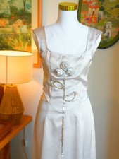 Grey Satin Midi Dress Floral Appliqué Cut Out Elegant Evening