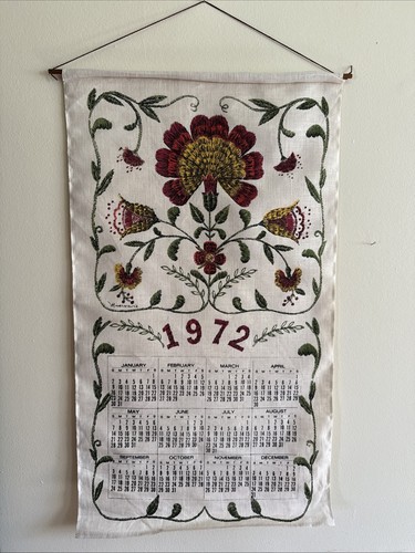 Vintage Stoff Stoff Geschirrtuch Kalender 1972 Floral Blume Minerva Volkskunst