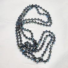 Long Blue Czech Glass Crystal AB Flapper Style Hand Knotted Beaded Necklace
